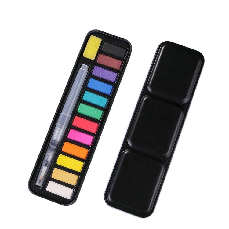 Portable Iron Box Model Large Capacity Painting Solid Watercolor Paint With 1 Absorbent Sponge and 1 Tap Pen, 12 Colors, 18 Colors, 24 Colors