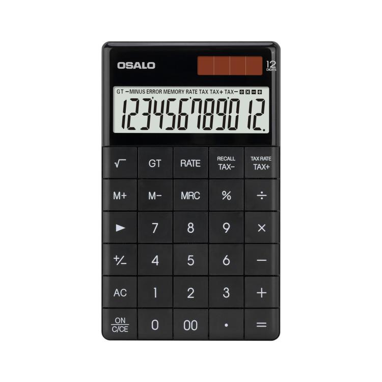 OSALO  A-1T  Tax Calculator with 12-Digit Display, Flip-Up Stand & Solar/ Button Battery Dual Power