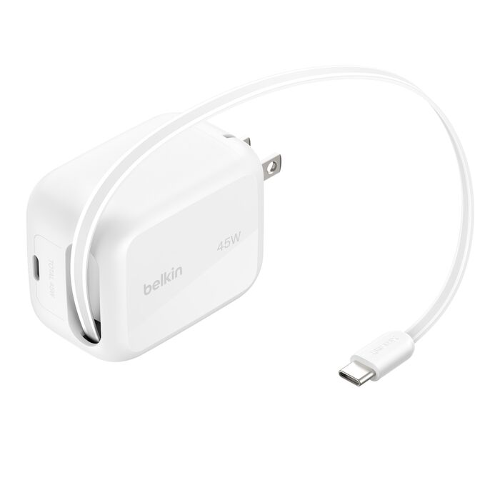 Belkin UltraCharge New Retractable GaN Wall Charger 45W, White, US Plug