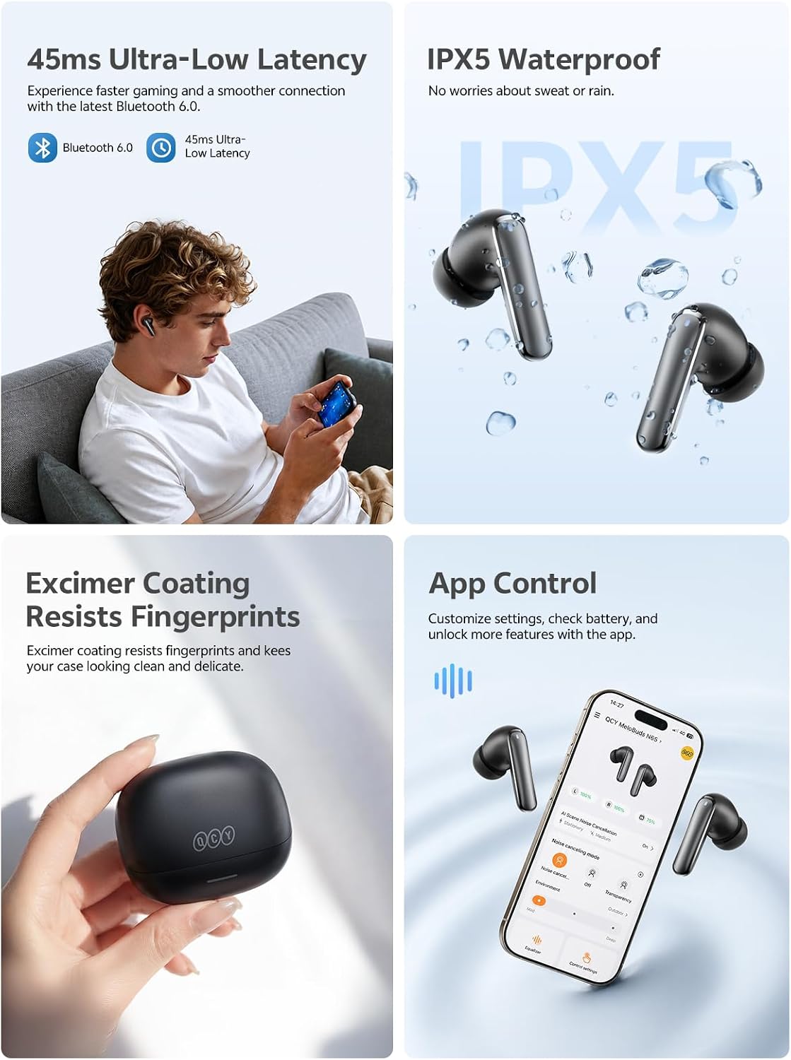 713K5Nj+6UL._AC_SL1500_ QCY Melobuds N65 TWS Bluetooth Earphones, 60dB AI ANC, LDAC Hi-Res IMU Room Sound, 8 ENC Microphones, Bluetooth 6.0 Multipoint, 45ms Gaming Latency, 50 Hours Battery, IPX5 Sport Water Protection