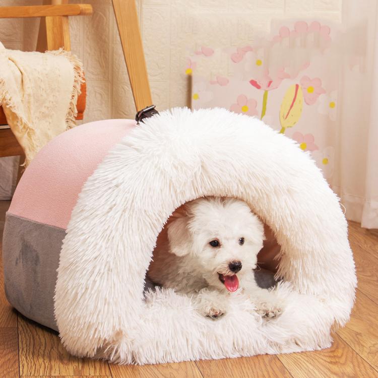 Pet House Bed Splicing Handle Design Warm Plush Cat Dog House, M, L