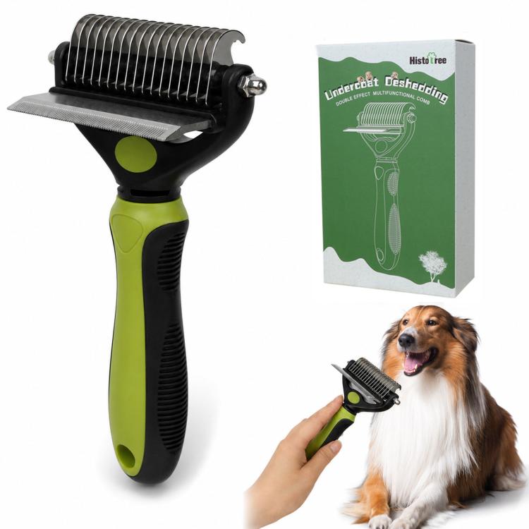 HistoTree 2-in-1 Pet Dematting Comb and Undercoat Deshedding Rake Safe Double Sided Curved Blades Detangling Tool