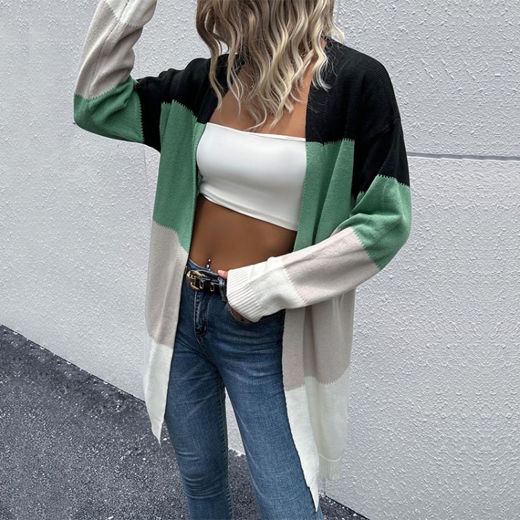 Long Cardigan Open Front Color Block Cardigan Knit Sweaters, S, M, L