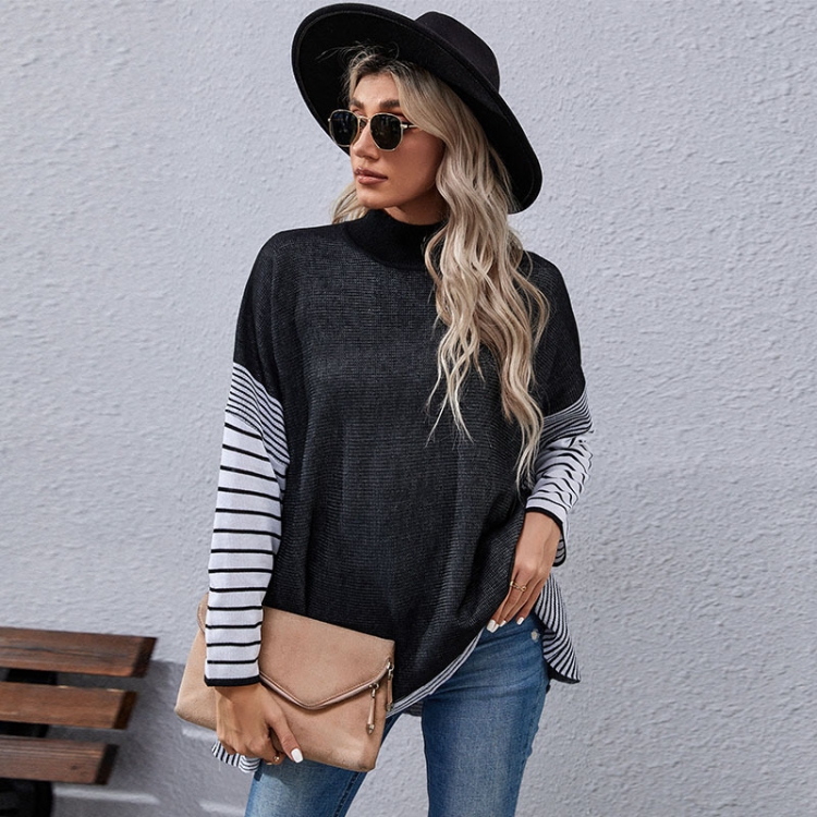Women Long Sleeve Mock Neck Striped Knit Sweater Casual Tops, S, M, L