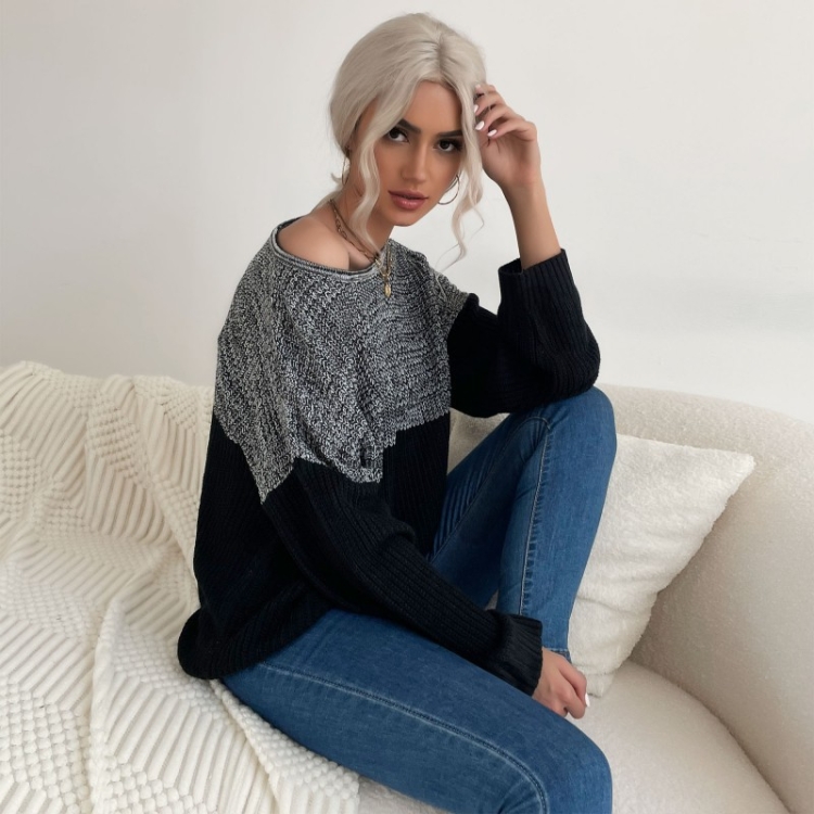 Women Long Sleeve Contrast Color Crew Neck Bottoming Sweater, S, M, L