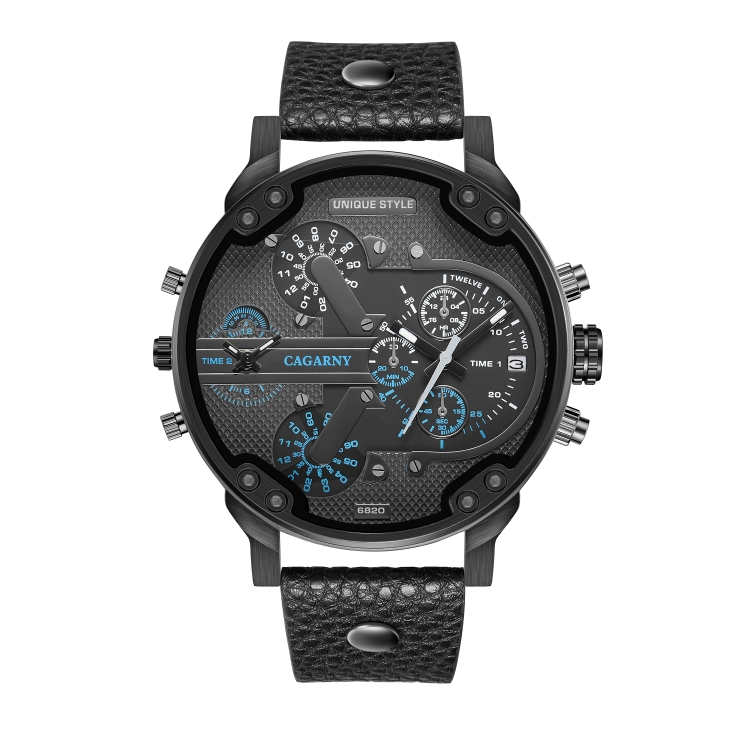 CAGARNY 6820 Men Dual Movement Blue Face Leather Strap Quartz Watch, Blue Face Leather Strap