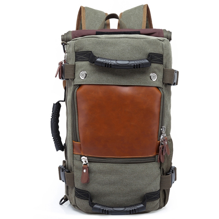 KAKA 0208 Men Canvas Stitched Leather Backpack, Size: 48 x 30 x 18cm, 48 x 30 x 18cm (Army Green), 48 x 30 x 18cm (Black), 48 x 30 x 18cm (Khaki)