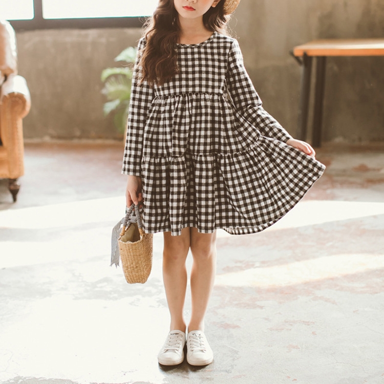 Autumn Girl Cotton Lattice Bow-knot Tie Long Sleeve Dress, 110cm, 130cm, 150cm, 160cm
