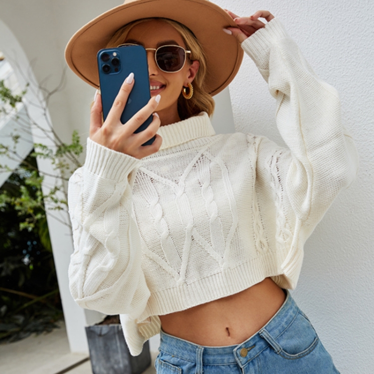 Solid Color High Neck Pullover Knitted Top Short Stranded Flowers Knitted Sweater, S, M, L, XL