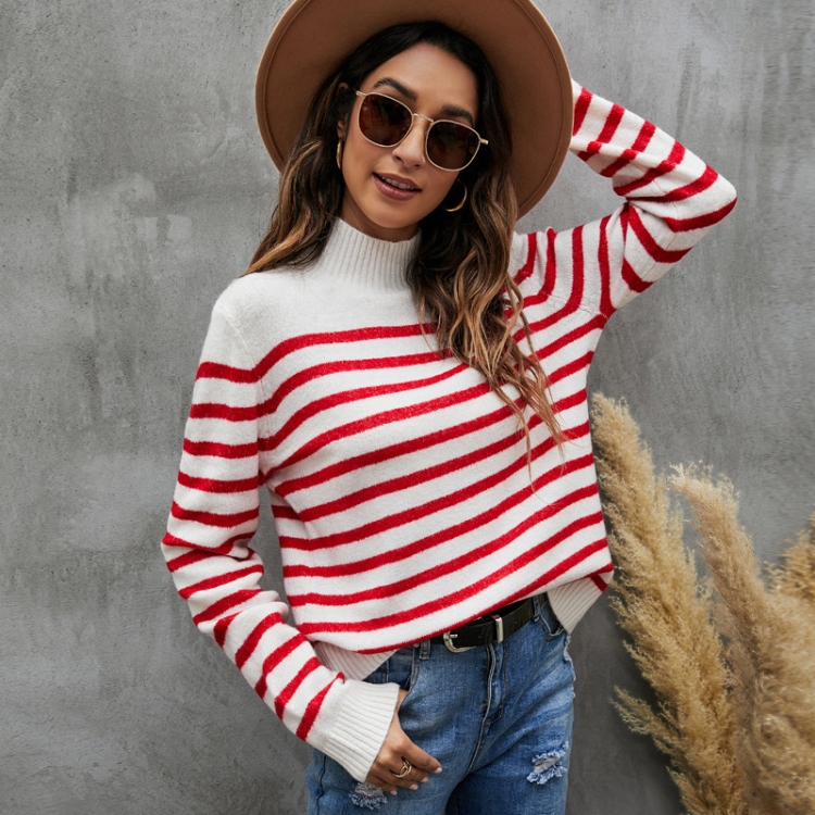 Women Striped Knitwear Loose Stand-up Collar Pullover Sweater, XS, S, M, L, XL