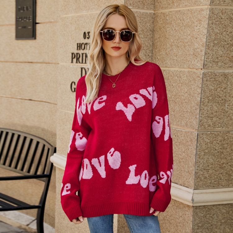Women Round Neck Knitted Sweater Letters Jacquard Pullover Sweater, XL, S, M, L
