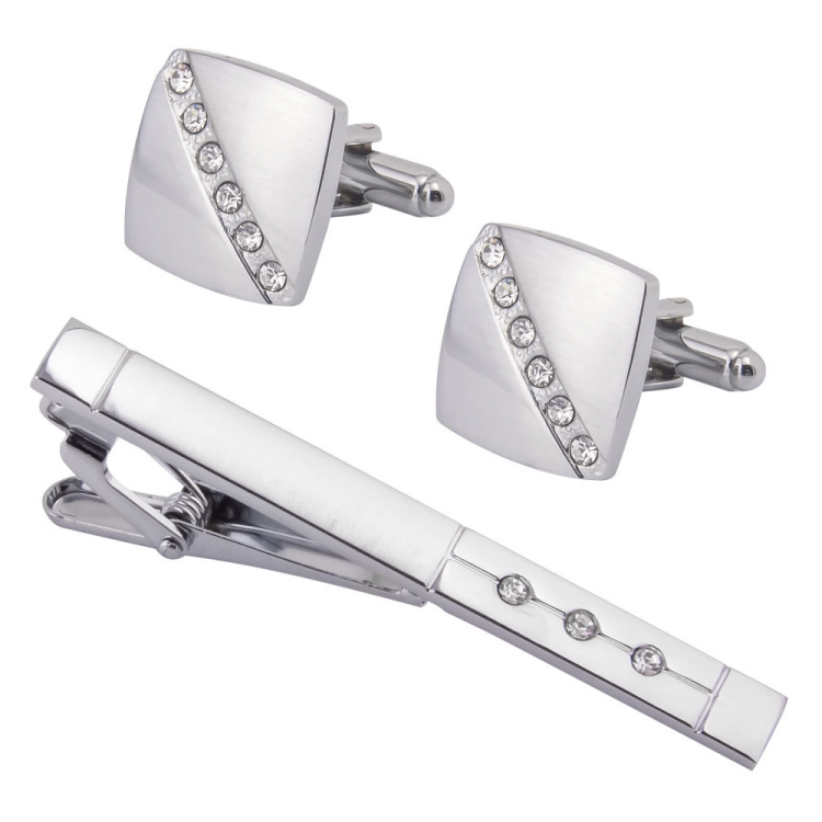 Plain Diamond Shiny Brushed Cufflinks Tie Clip Set, SL0005