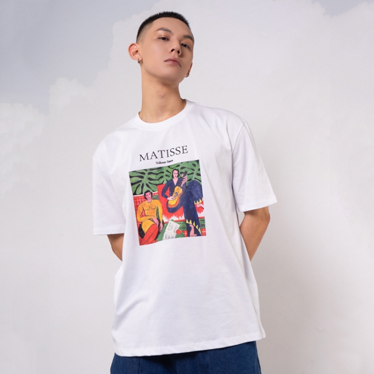 Men Pure Cotton Short Sleeve Guitar Oil Painting Loose All-Match T-Shirt, S, M, L, XL, XXL, XXXL
