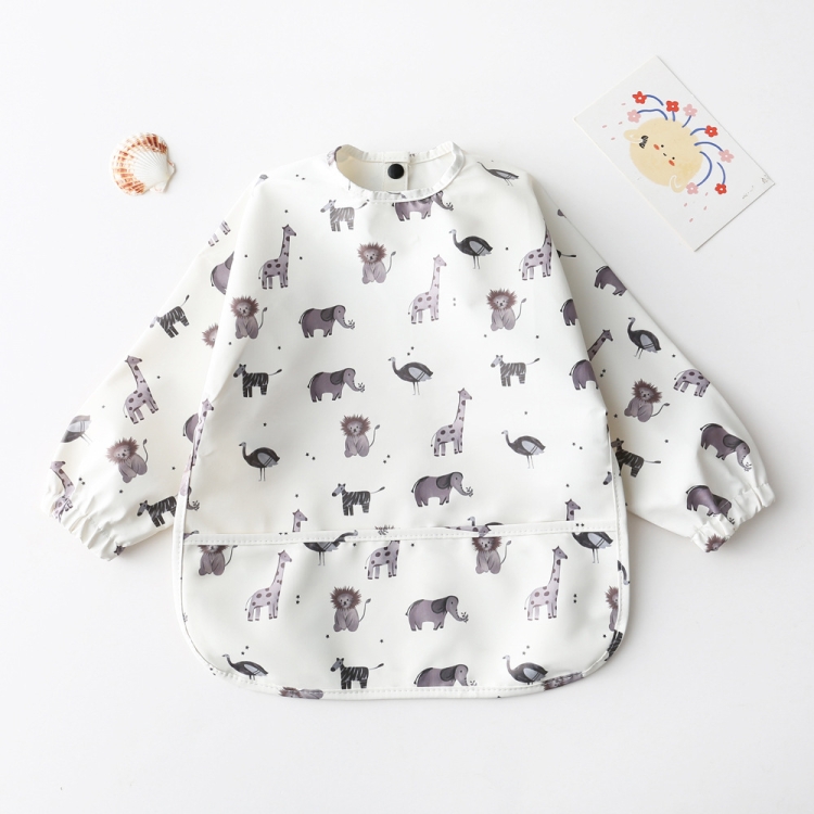 Long Sleeved Baby Bib Waterproof Washable Easy Clean Smock With Pocket, S, M, L