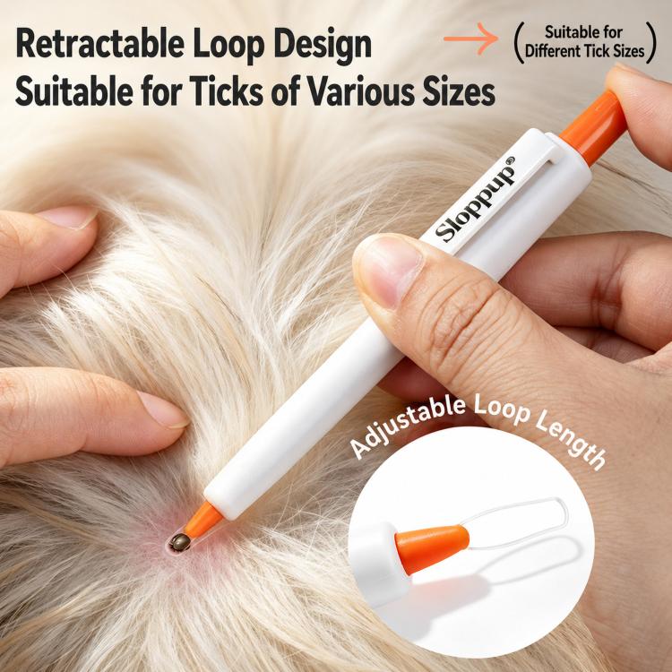 Sloppup Retractable Tick Remover Lasso Safe Chemical-Free Loop Extraction Pen for Dogs Cats, Orange White