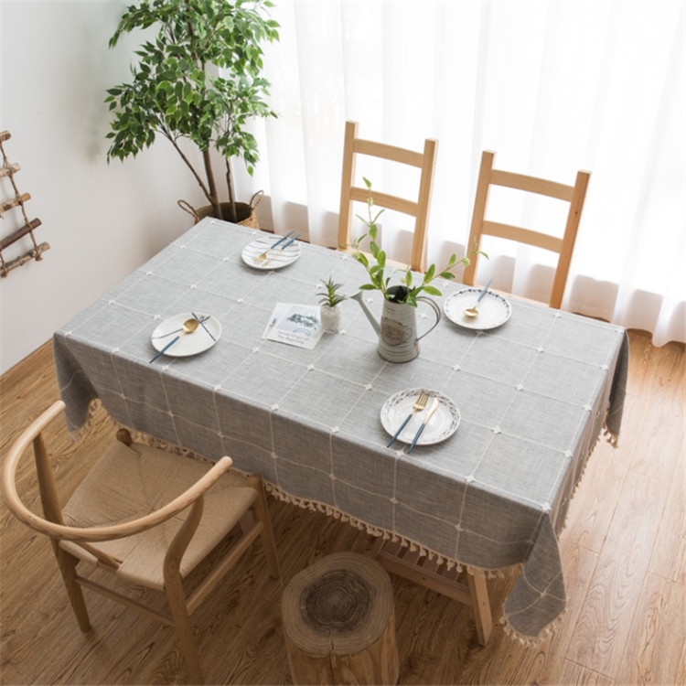 Square Lattice Embroidered Tablecloth Pure Color Cotton Linen Tassel Rectangular Coffee Table Mat, 100x160cm, 110x170cm, 140x140cm, 140x180cm