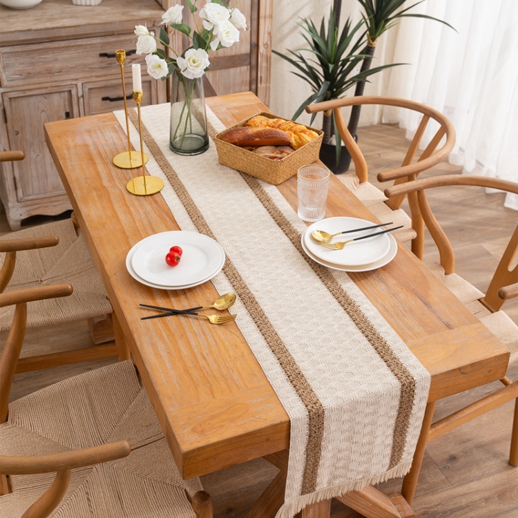 Cotton and Linen Woven Colorblock Tassel Striped Rhombus Table Runner, 30x120cm, 30x140cm, 30x160cm, 30x180cm, 30x200cm, 30x220cm