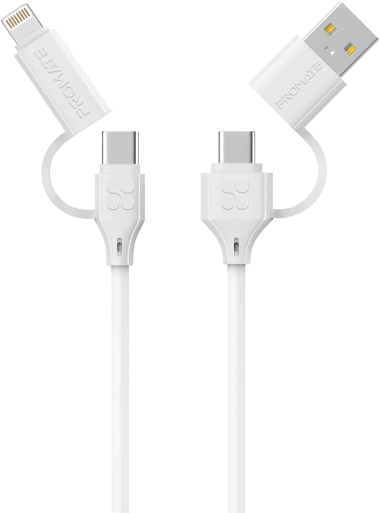 Promate Charging Cable, 4-in-1 60W USB-C Power Delivery Charger with USB-A Cable, 20W Lightning Power Delivery, 480Mbps Data Sync and 120cm Cord for iPhone 13, MacBook Pro, Samsung Galaxy S22, QuadCord-PD60 White