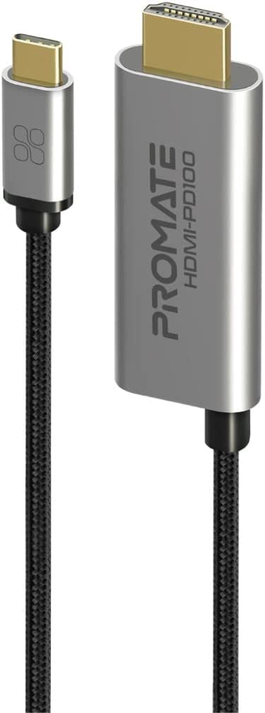 Promate USB-C to HDMI Cable, Ultra HD 4k 60hz Type-C (Thunderbolt-3) to HDMI Adapter with 100W USB-C Power Delivery Port, Long Lifespan, 180cm Cord for MacBook Pro, iPad Air, Galaxy S22, HDMI-PD100