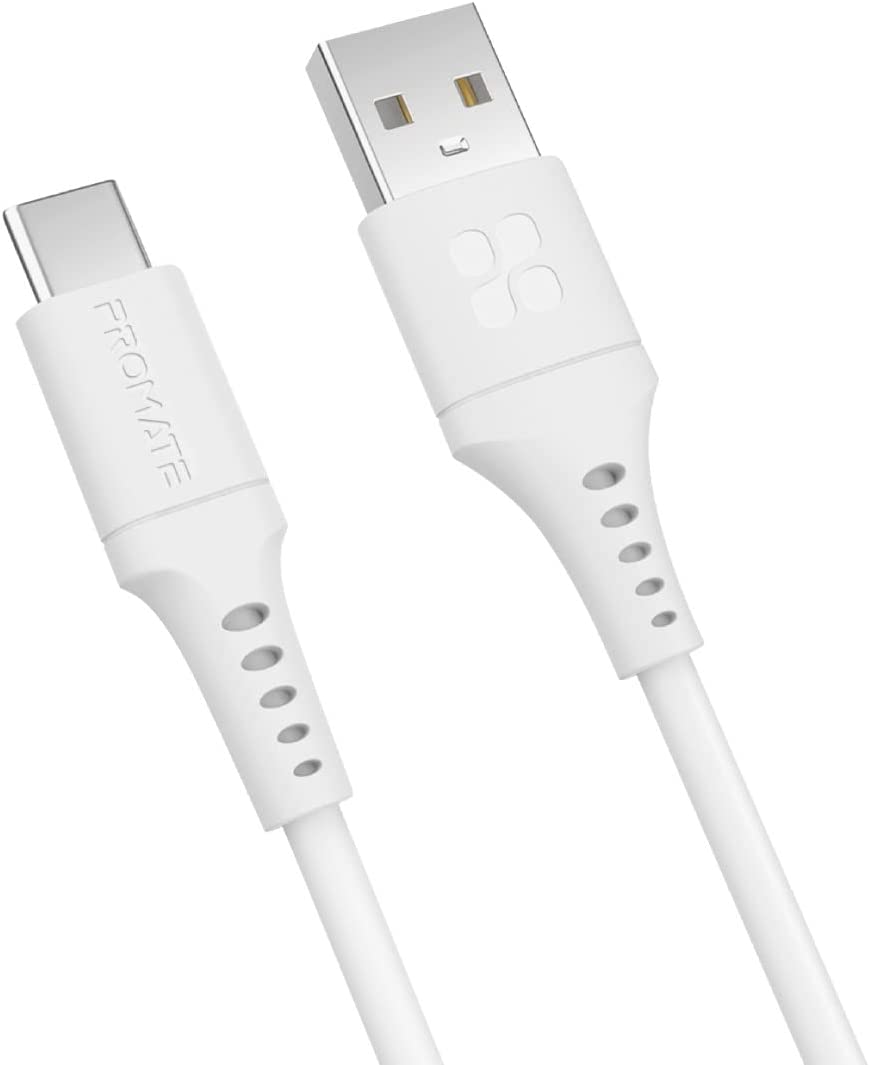 Promate USB to USB-C Cable, Durable Silicone Type-C Charging Cable with 3A Fast Charging, 480 Mbps Data Sync, 1.2m Anti-Tangle Wire and 25000+ Long Bend Lifespan for Samsung Galaxy S22, iPad Air, PowerLink-AC120 White