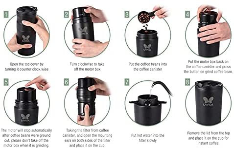 LAVIDA Portable Coffee Maker, Color White, USB Charging, Travel Gadgets, Electric Grinder, Automatic Ceramic Burr Bean Grinder, Perfect For Camping