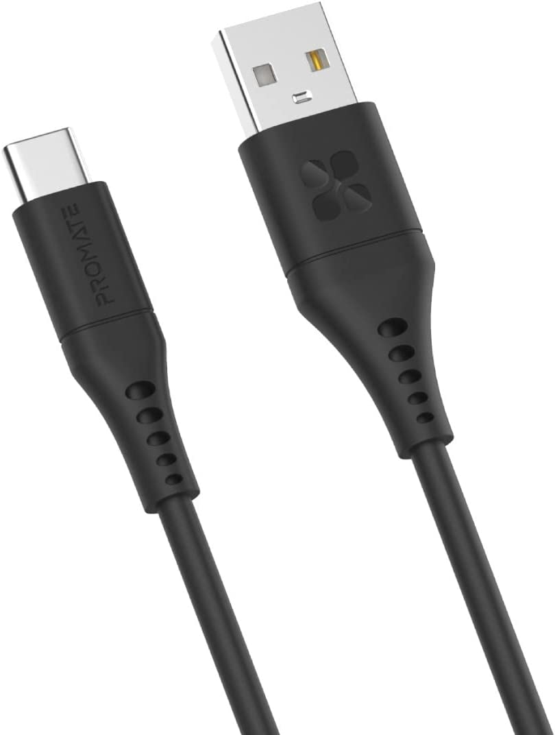 Promate USB-C Cable, Fast-Charging 5V/3A USB-A to Type-C Cable with 480 Mbps Data Sync, 200cm Anti-Tangle Silicone Cord and 25000+ Long Bend Lifespan for Samsung Galaxy S22, iPad Air, PowerLink-AC200 Black