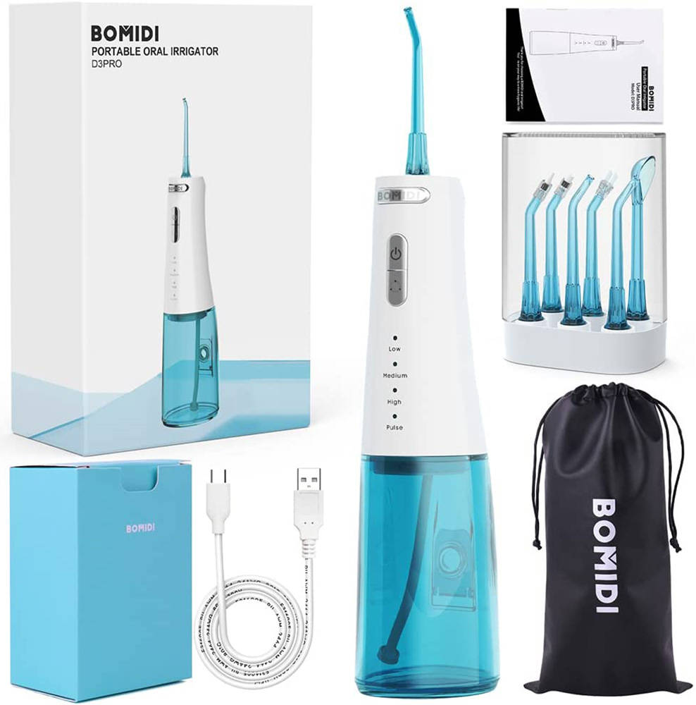 Bomidi Portable Dental / Oral Irrigator, 360 Rotatable Nozzle, 300ml Water Tank, Easy Cleaning, 7 Level Adjustable Water Pressure, Type-C Charging, IPX7, White - Blue | D3 Pro