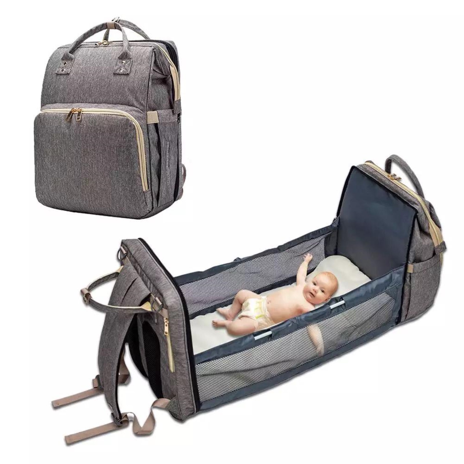 Pikkaboo 4 in 1 Diaper Bag with Changing Station/Crib-Grey