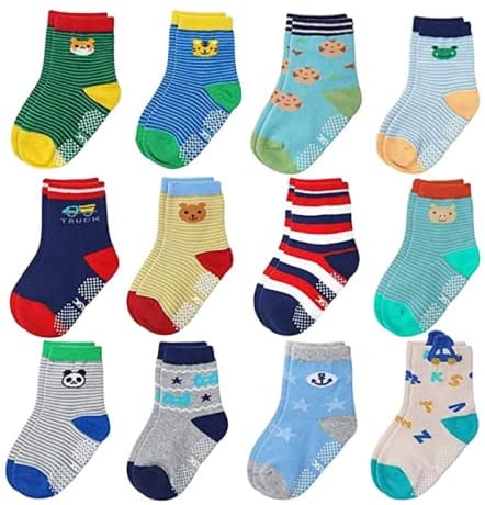 Assorted Colors Cooraby 12 Pairs Unisex Toddler Socks Classic Non-Skid Crew Socks 