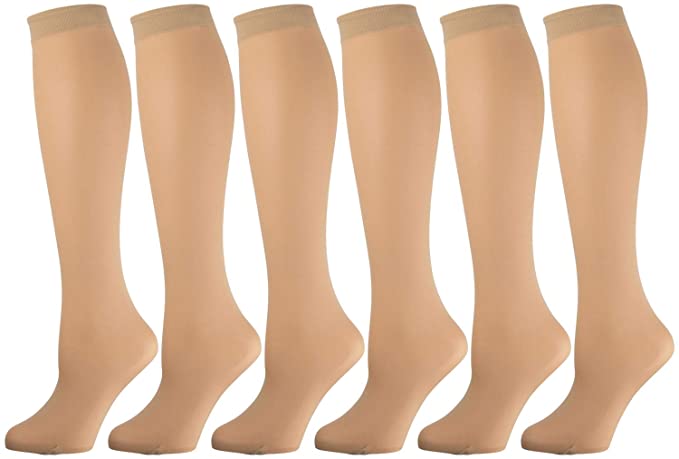 Womens Opaque Stretchy Spandex Knee High Trouser Socks, 6 Pairs Multipack, Beige
