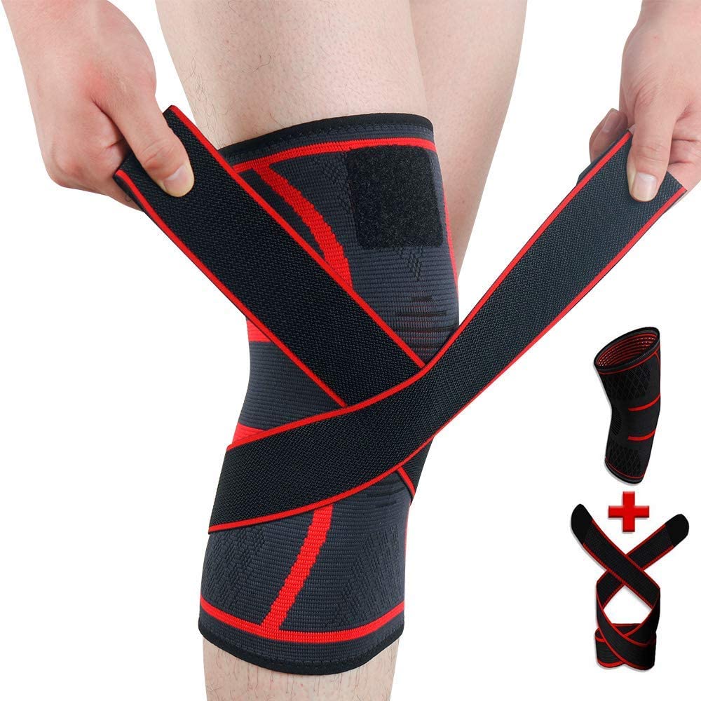 Knee Brace Support Adjustable Compression Sleeve Wraps Pads New Generation Knee Protector for Single Pack Red, Large