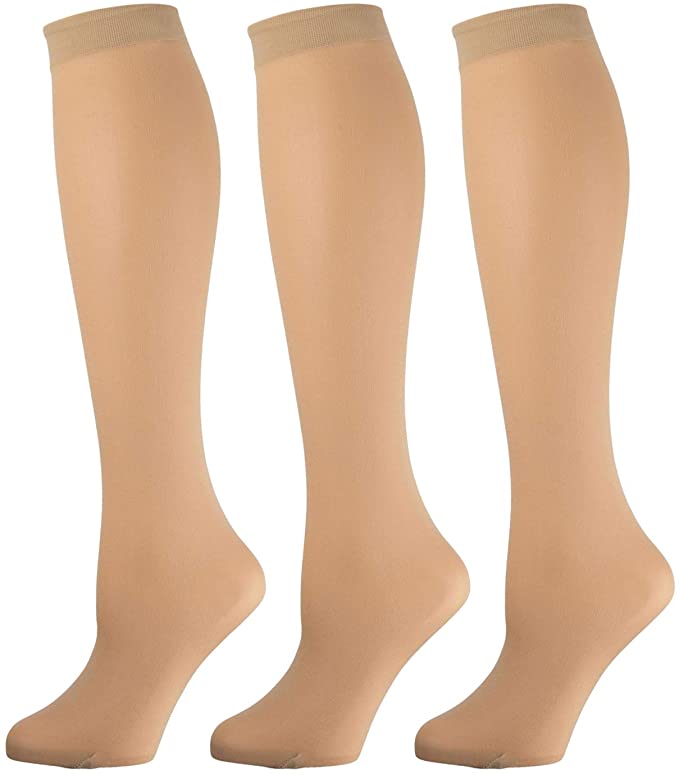 Womens Opaque Stretchy Spandex Knee High Trouser Socks, 3 Pairs Multipack, Beige
