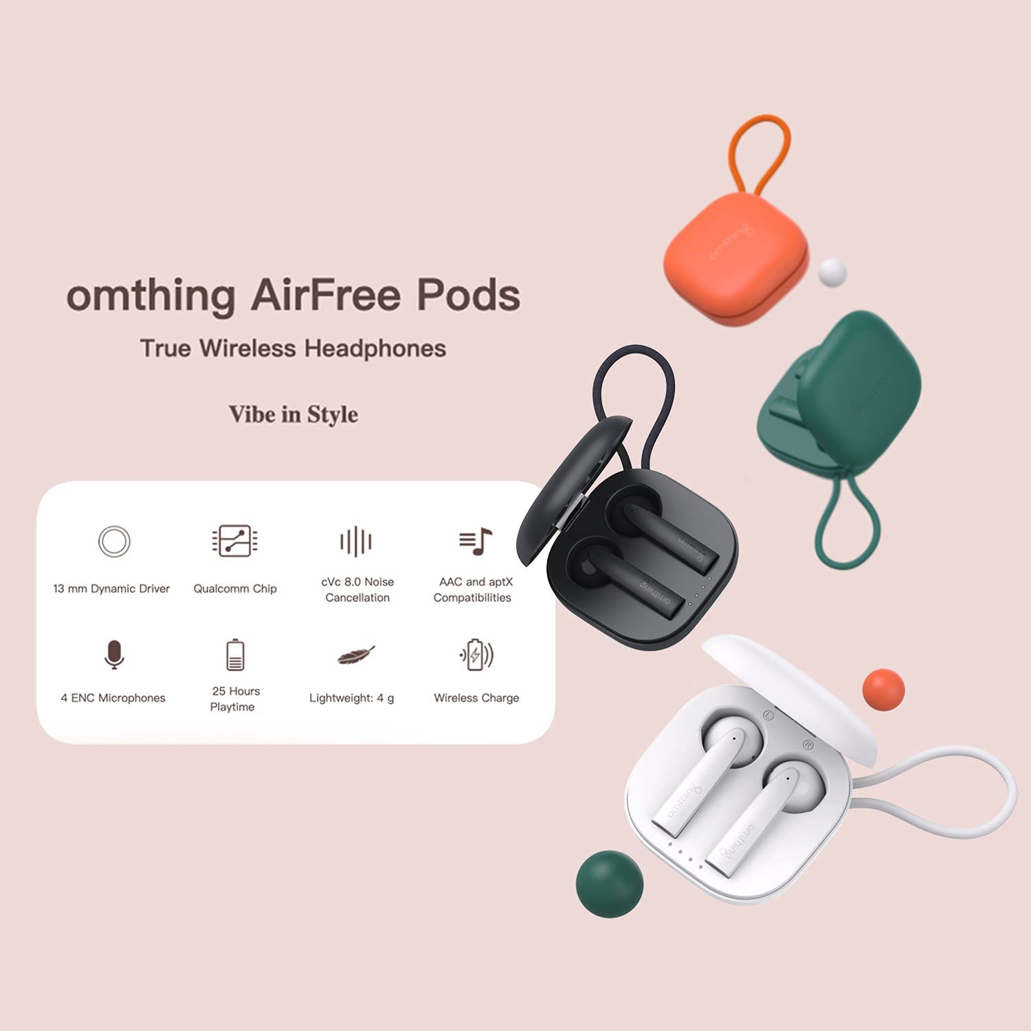 OMTHING - AirFree Pods Bluetooth Headphones, TWS, ENC Noise Cancellation, 25 Hour Battery, Wireless Charging, AAC Quality Sound, Black