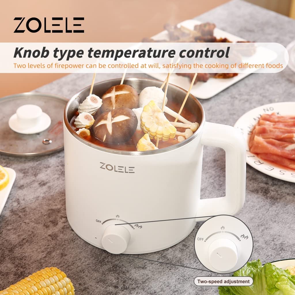 Zolele ZC301 Multifunctional Electric Pot Cooker With 1.6L Large Capacity Non-Stick Cooker Pot Food Grade Stainless Steel Cooker Two Speed Fire Knob Control 300W/600W Steam/Deep-Fry/Boil - White