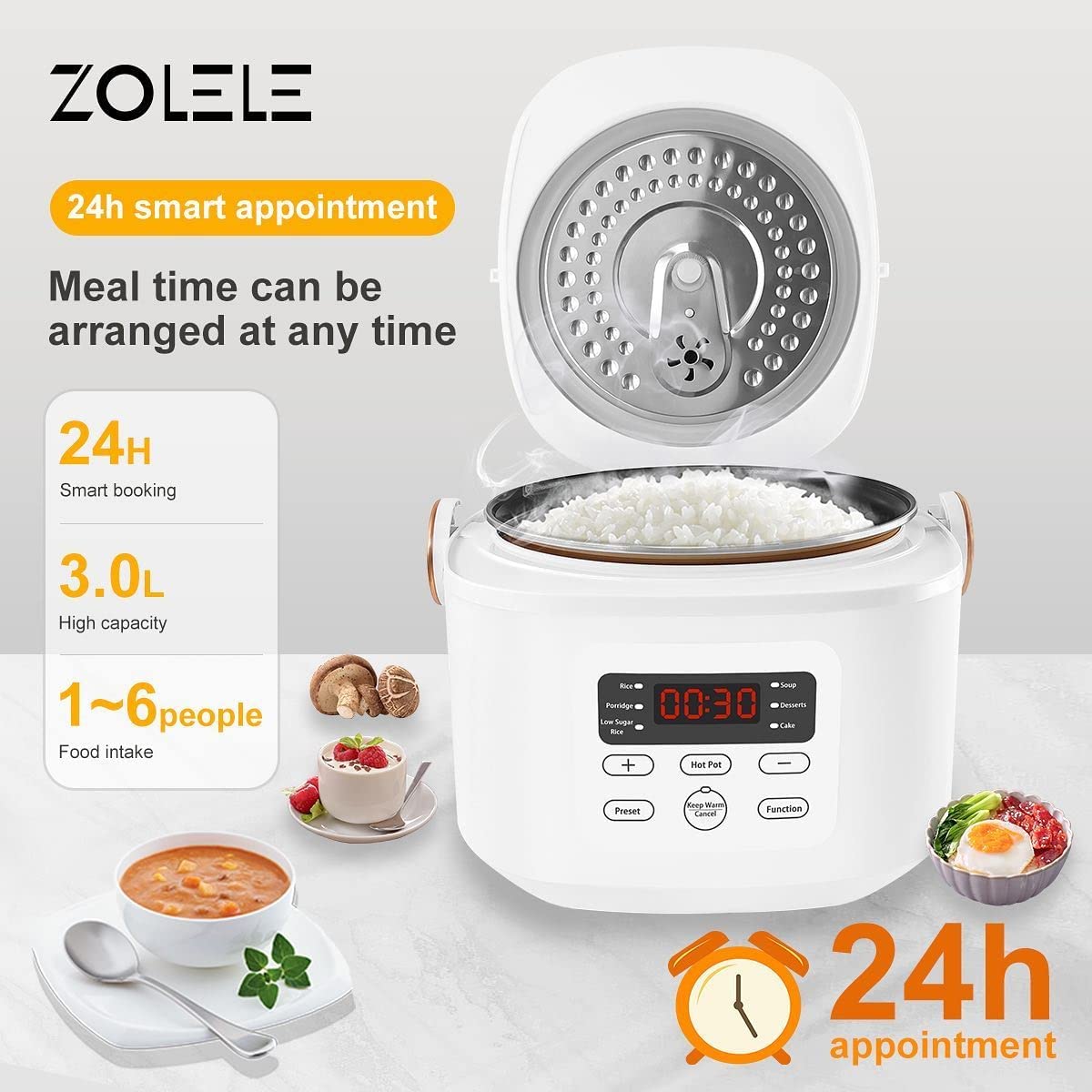 Zolele ZB500 Multifunctional Electric Rice Cooker With 3L Capacity Smart Low Sugar Rice Cooker 304 Stainless Steel Micro-Computer Button Double Inner Pot 700W Power - White