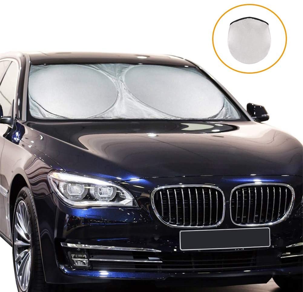 Maxi Windshield Sunshade Cover for Car, Foldable Sunshade, Automotive Sunshade for SUV, Truck, Jeep, Vans Reflective Coating Keeps Vehicle Cool with 2 Suction Cup Sizes 59x27.55 in