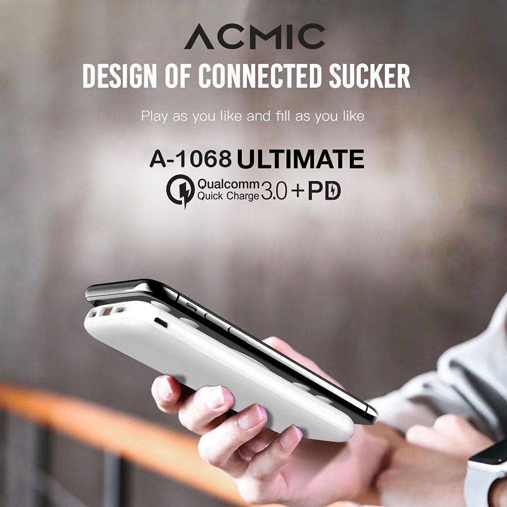 ACMIC 10000mAh Capacity Fast Wireless Charging Portable Power Bank with Anti-Slip Suction Cup, 18W USB C PD 3.0 Quick Charging External Battery Pack for iPhone, Samsung and more.