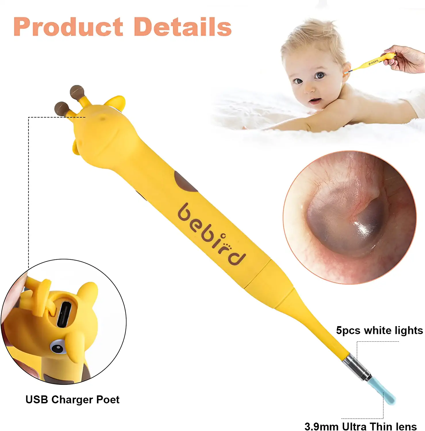 BEBIRD D3 Pro Smart Ear Wax Removal Otoscope Giraffe-Shaped, 1080p FHD Wireless Ear Wax Removal Tool Camera Bendable Lens Safety Lock for Kids, Ear Cleaner for All Family