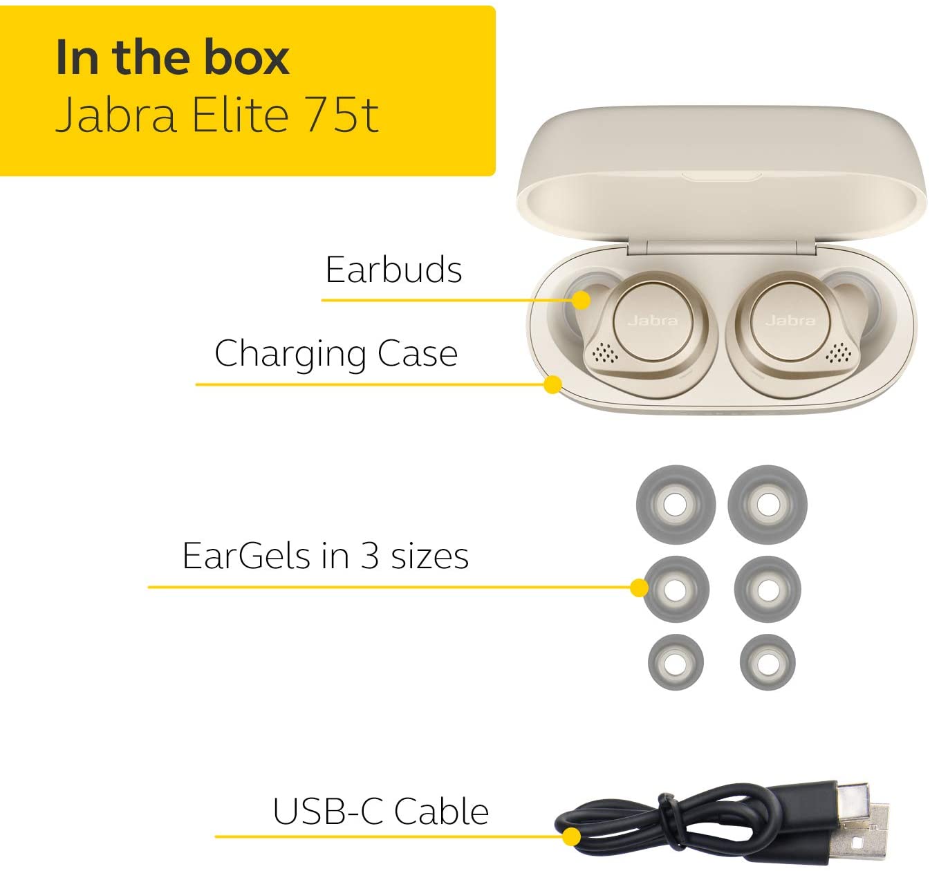 Jabra Elite 75t Earbuds – Active Noise Cancelling Bluetooth Headphones with Long Battery Life for True Wireless Calls and Music – Gold Beige