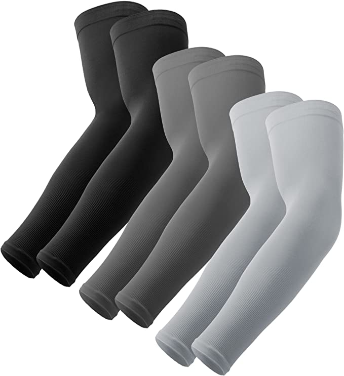 UV Sun Protection Compression Arm Sleeves - Tattoo Cover Up - Cooling Athletic Sports Sleeve for Football, Golf & Volleyball, 3 Pairs Black, White, Gray