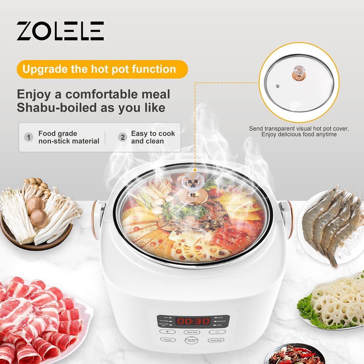 Zolele ZB500 Multifunctional Electric Rice Cooker With 3L Capacity Smart Low Sugar Rice Cooker 304 Stainless Steel Micro-Computer Button Double Inner Pot 700W Power - White