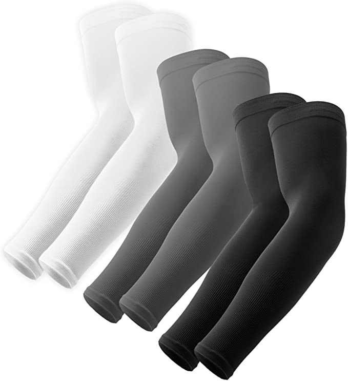 UV Sun Protection Compression Arm Sleeves - Tattoo Cover Up - Cooling Athletic Sports Sleeve for Football, Golf & Volleyball, 3 Pairs Black, White, Gray