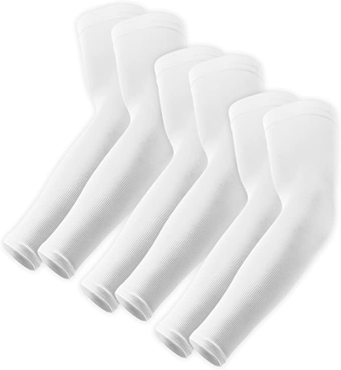 UV Sun Protection Compression Arm Sleeves - Tattoo Cover Up - Cooling Athletic Sports Sleeve for Football, Golf & Volleyball, 3 Pairs White