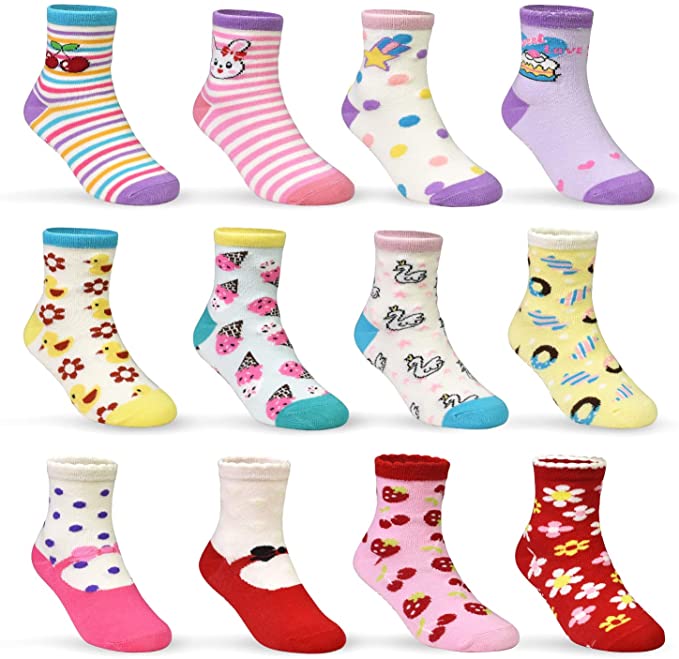 12 Pairs Toddler Non Skid Socks with Grips Anti Slip Bottom, Cotton Non Slip Ankle Crew Socks for Boys, Girls, Kids(3-5Years)