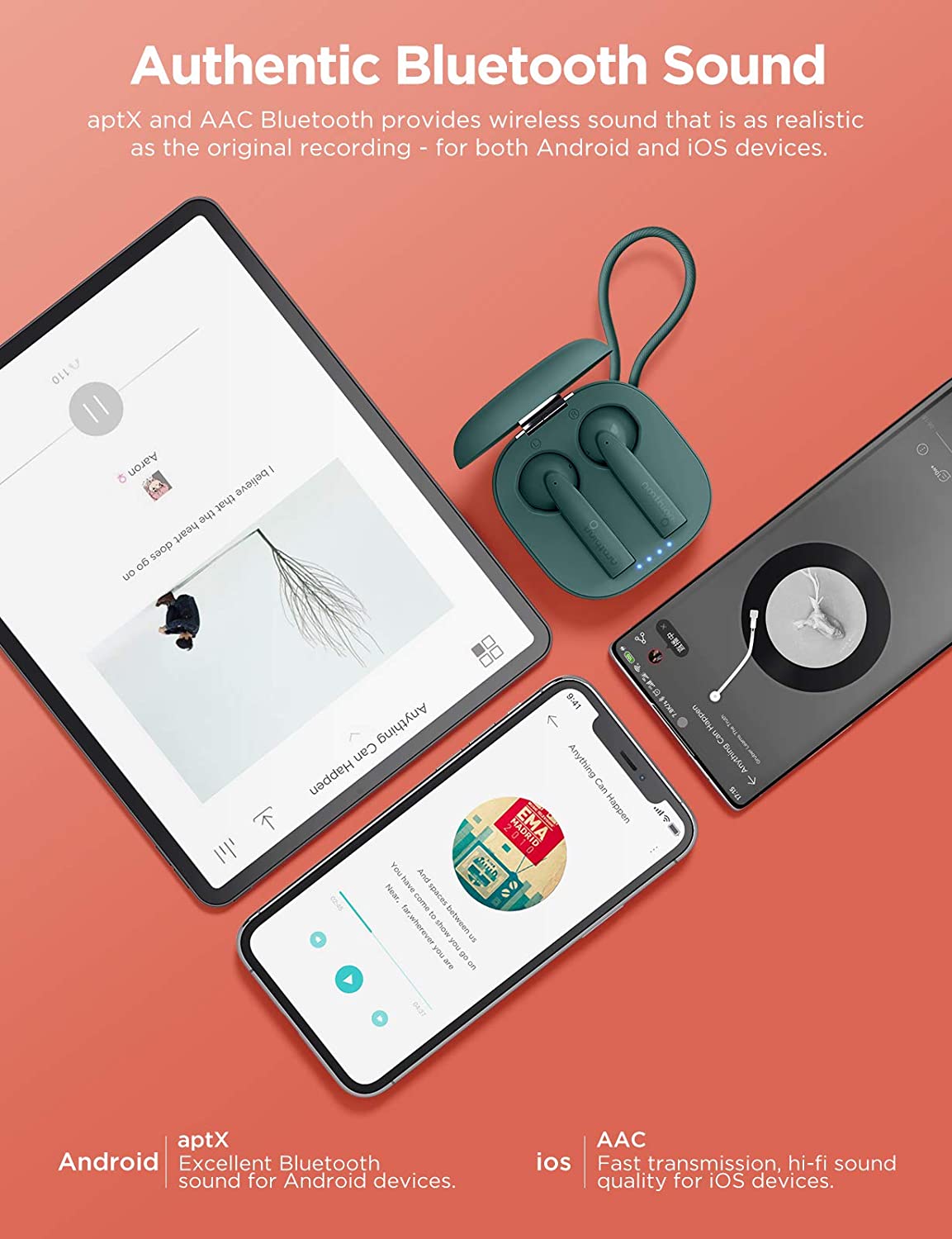 OMTHING - AirFree Pods Bluetooth Headphones, TWS, ENC Noise Cancellation, 25 Hour Battery, Wireless Charging, AAC Quality Sound, Green