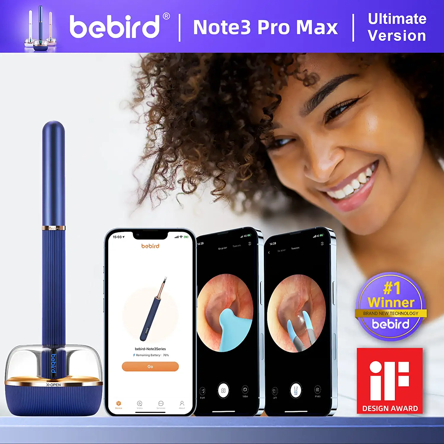 BEBIRD® Note3 Pro Max, Ultimate Version,10 Megapixel HD, All-in-1 Ear Wax Removal with Camera, Ear Wax Removal Tool with 25 Pieces, Tweezer and Rod, Bebird Ear Cleaner, for iPhone, Android (Blue)
