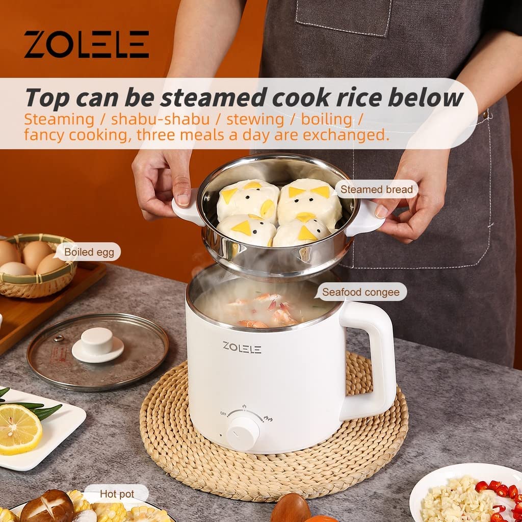 Zolele ZC301 Multifunctional Electric Pot Cooker With 1.6L Large Capacity Non-Stick Cooker Pot Food Grade Stainless Steel Cooker Two Speed Fire Knob Control 300W/600W Steam/Deep-Fry/Boil - White
