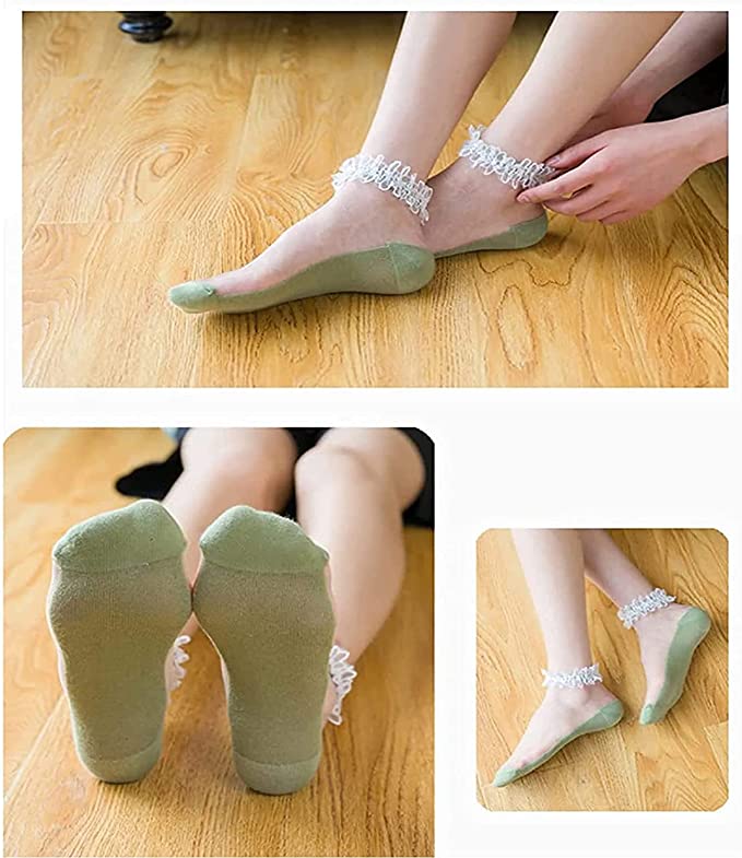 Fabrik Collection12 Pairs Crystal Socks Lace Ankle Socks, Elastic Transparent Ultra Thin Mesh Socks, Popular in Spring and Summer for Women Lady Girls Silk Stockings