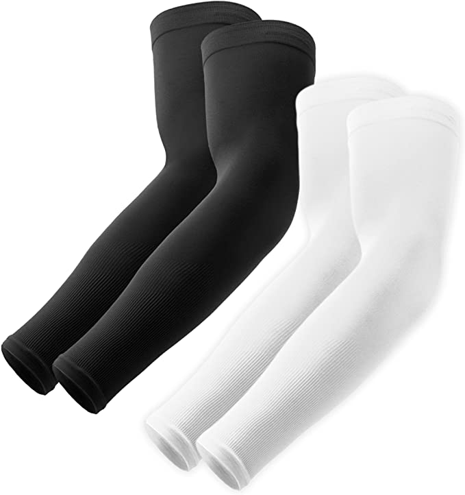 UV Sun Protection Compression Arm Sleeves - Tattoo Cover Up - Cooling Athletic Sports Sleeve for Football, Golf & Volleyball, 2 Pairs Black, White