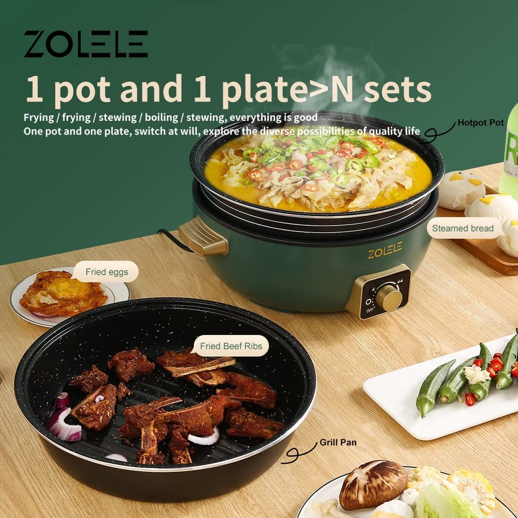 ZOLELE ZC300 Multifunctional Double Pot With Non-Stick Coating 6L Large Capacity 1500W Quick Heat Multi Purpose Electric Rice Cooker Stainless Steel Steamer/Frying/Boiling - Green